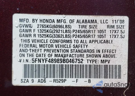 2009 Honda Pilot Touring z USA, uszkodzony, nr VIN 5FNYF48989B046752